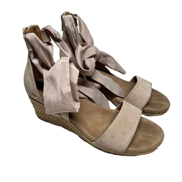 UGG Australia Trina Suede Espadrille Sandals Womens 6 Wedge Ribbon Tie Nude - Picture 3 of 13